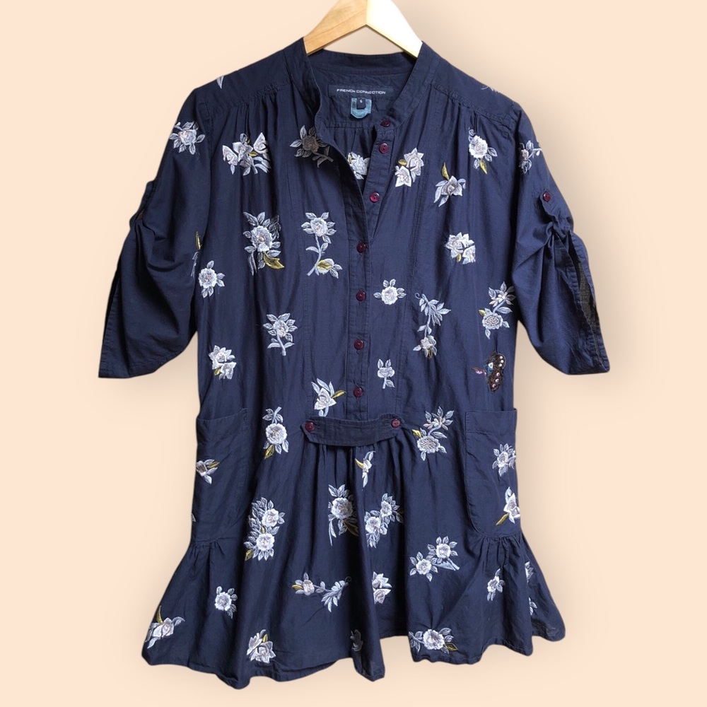 French Connection Navy Blue Floral Embroidered Button Front Blouse Top Women’s 6 - Picture 2 of 10